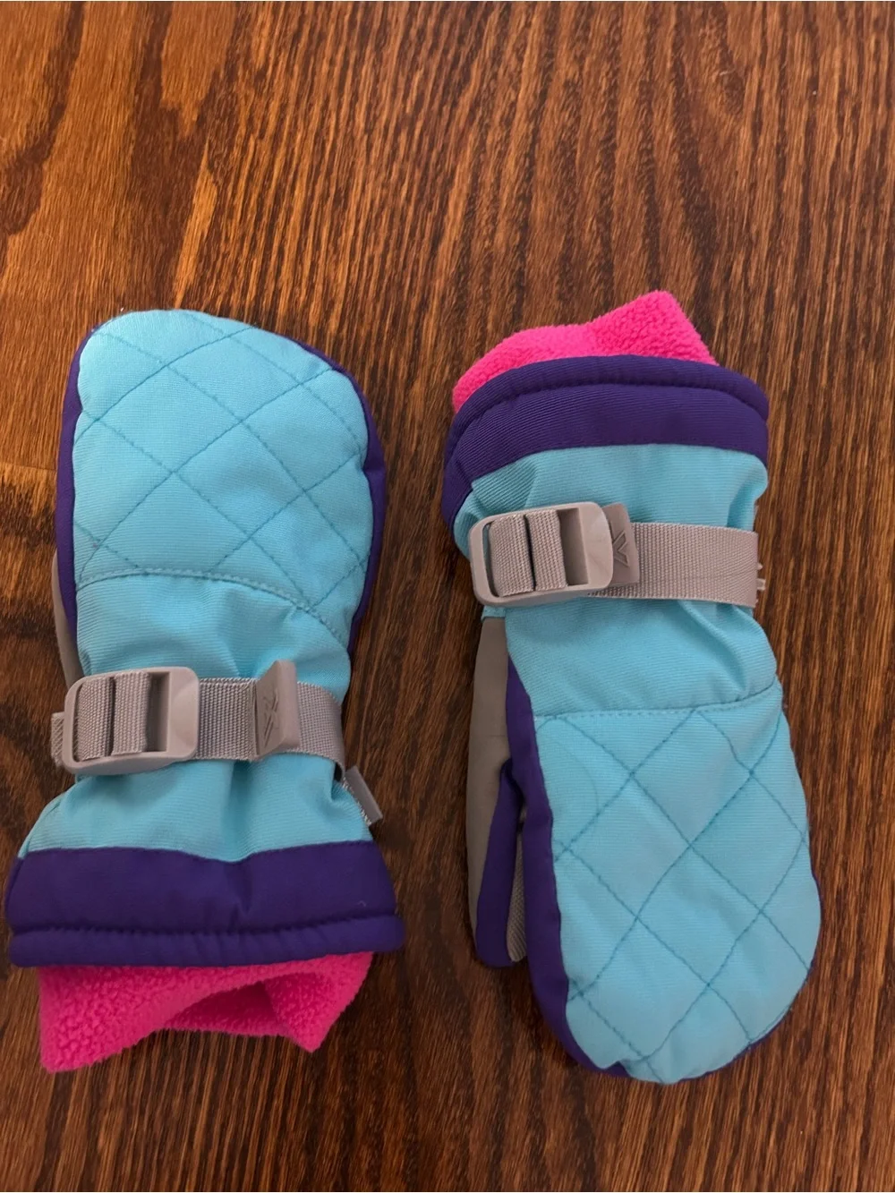 Kids Quilted Winter Mittens in Aqua & Purple with Pink Lining